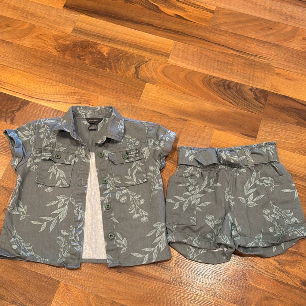 Eddie‎ Bauer Shirt and Shorts Set Toddler 24M green Floral Twill 2pc Outdoor